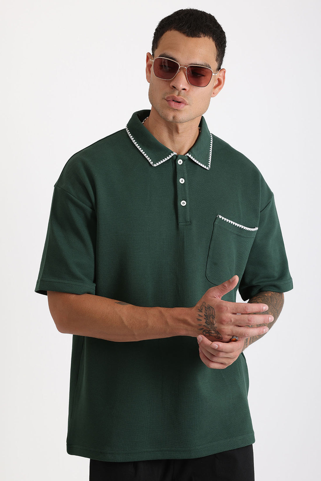 Yaka ve Cep Çoban Dikiş Detaylı Double Pike Kumaş Loose Fit Erkek Polo Yaka Tişört