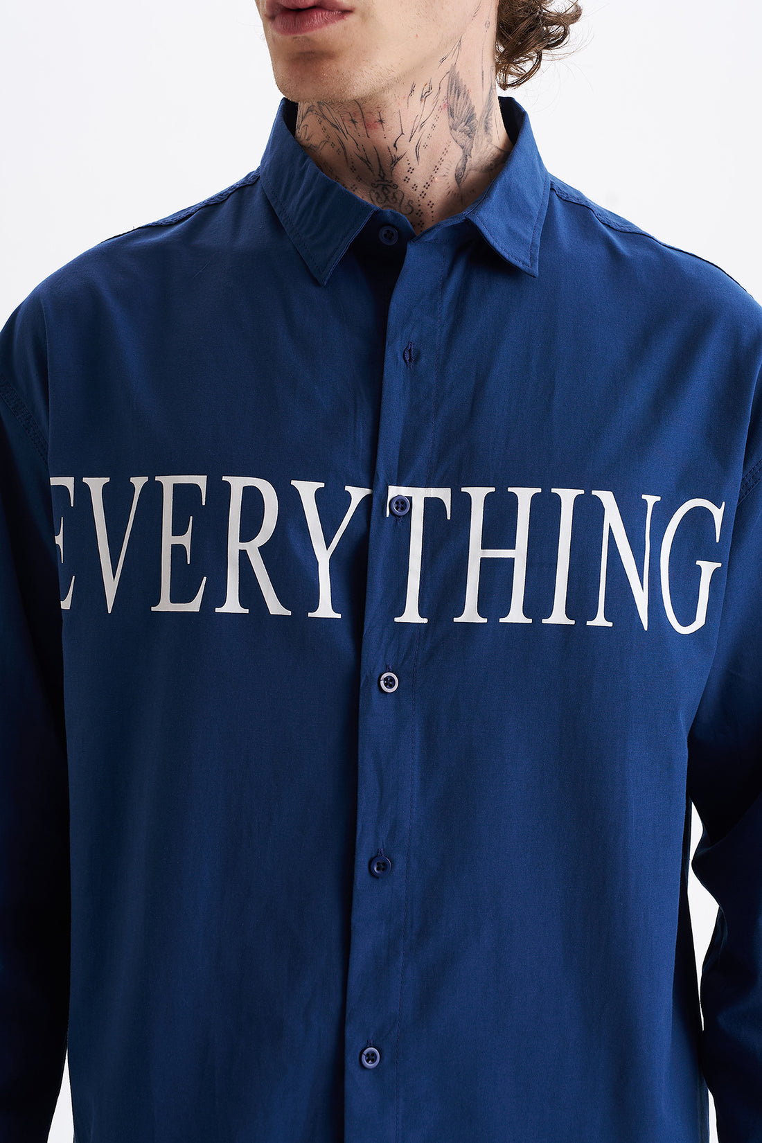 Poplin Kumaş, Rahat Kalıp Düşük Omuz, Erkek EVERYTHING Baskılı Gömlek, Men's Shirt