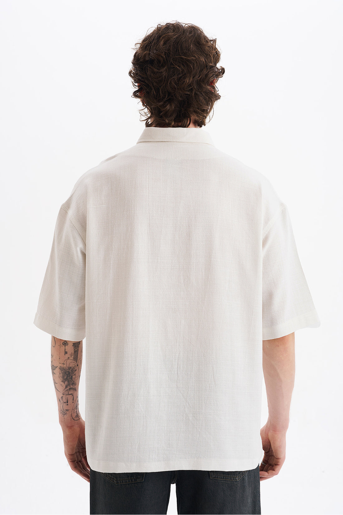 Keten Karışımlı, Rahat Kalıp, Düşük Omuz, Erkek Fermuar Kapamalı Sade Gömlek, Men's Plain Shirt
