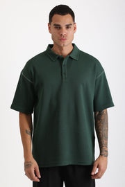 Omuz Çoban Dikiş Detaylı Double Pike Kumaş Loose Fit Erkek Polo Yaka Tişört | Renk: Nefti