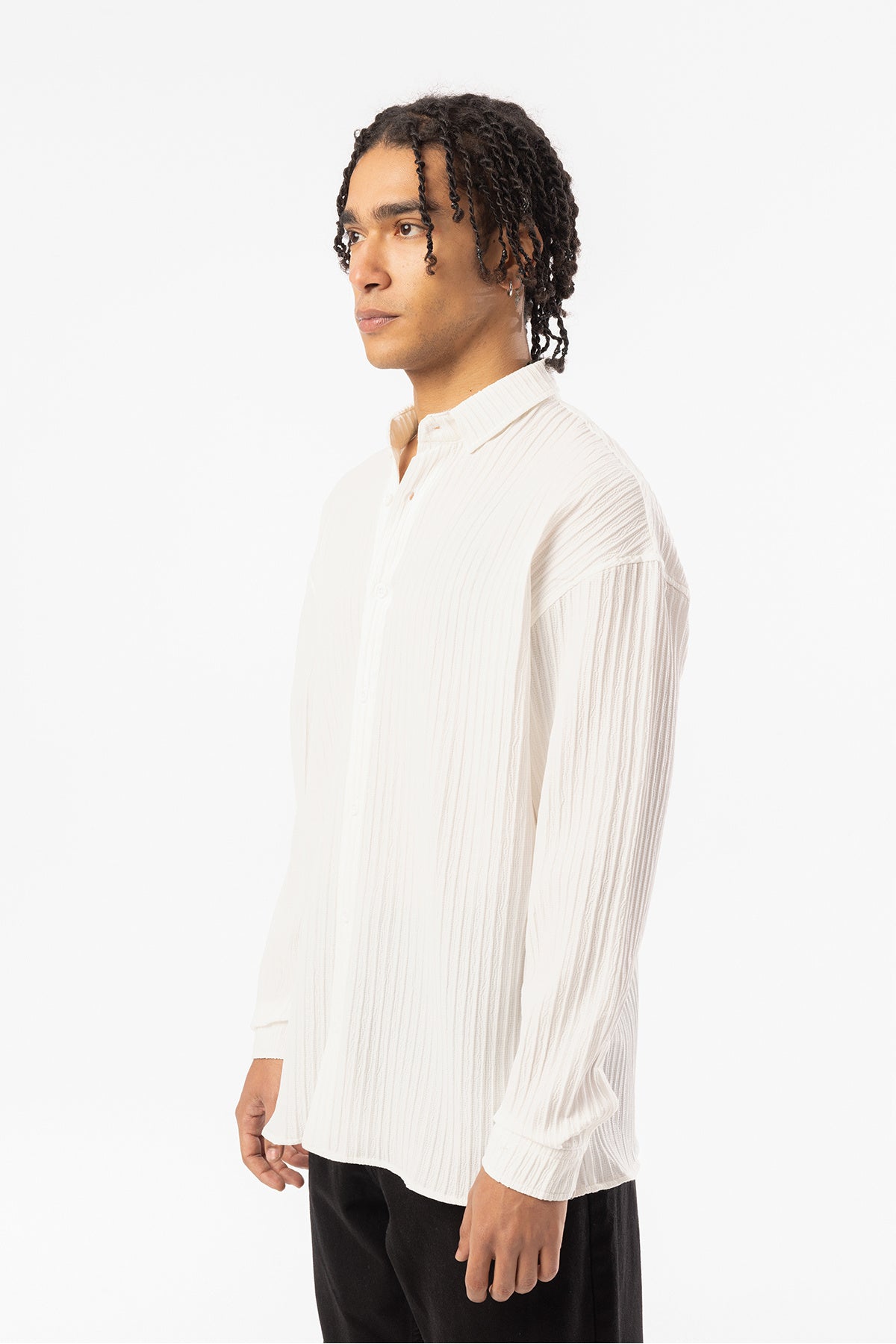 Kalın Örgülü Fitilli Kumaş Erkek Uzun Kollu Gömlek, Men's Long Sleeve Shirt | Renk: Ekru
