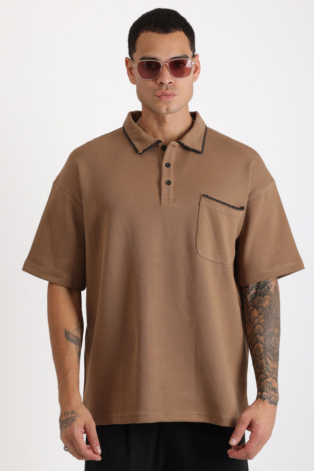 Yaka ve Cep Çoban Dikiş Detaylı Double Pike Kumaş Loose Fit Erkek Polo Yaka Tişört