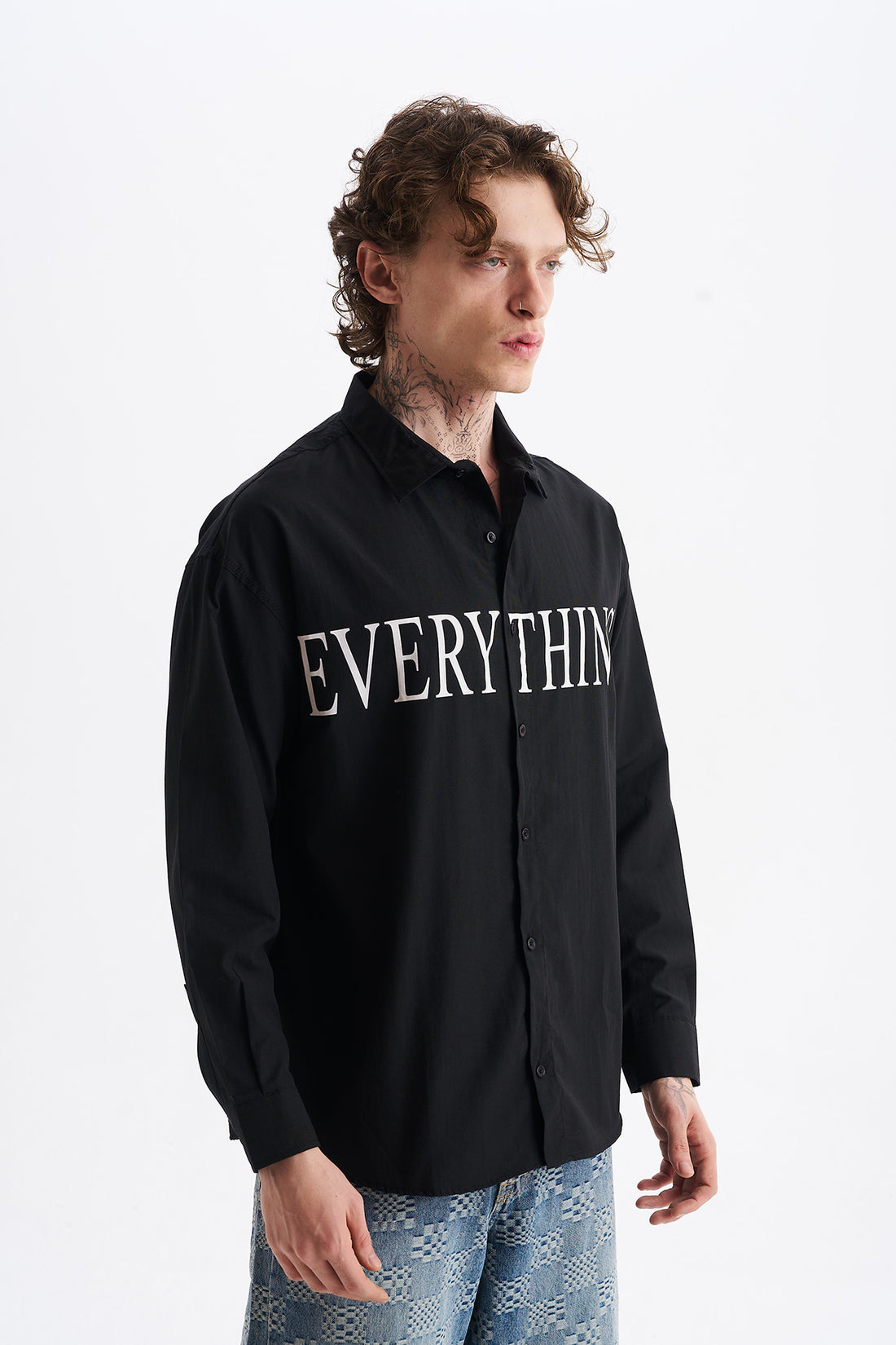 Poplin Kumaş, Rahat Kalıp Düşük Omuz, Erkek EVERYTHING Baskılı Gömlek, Men's Shirt