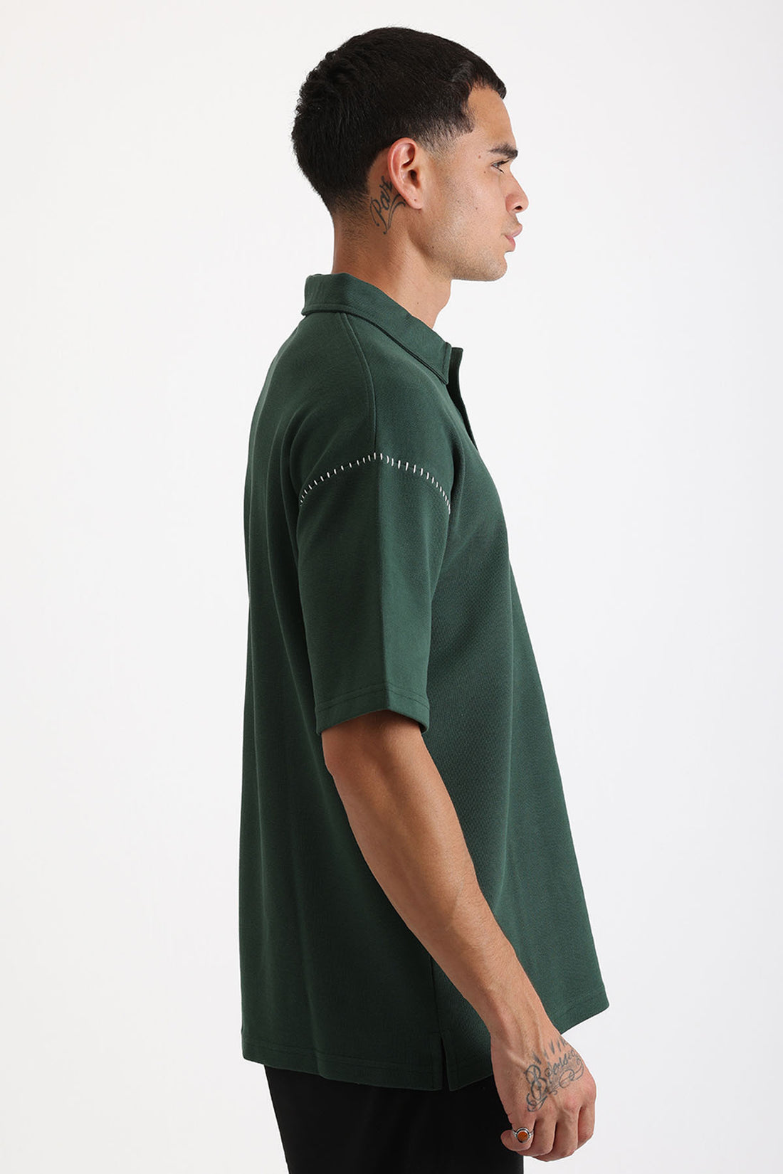 Omuz Çoban Dikiş Detaylı Double Pike Kumaş Loose Fit Erkek Polo Yaka Tişört