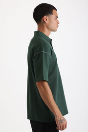 Omuz Çoban Dikiş Detaylı Double Pike Kumaş Loose Fit Erkek Polo Yaka Tişört | Renk: Nefti
