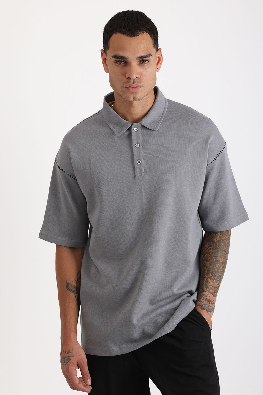 Omuz Çoban Dikiş Detaylı Double Pike Kumaş Loose Fit Erkek Polo Yaka Tişört