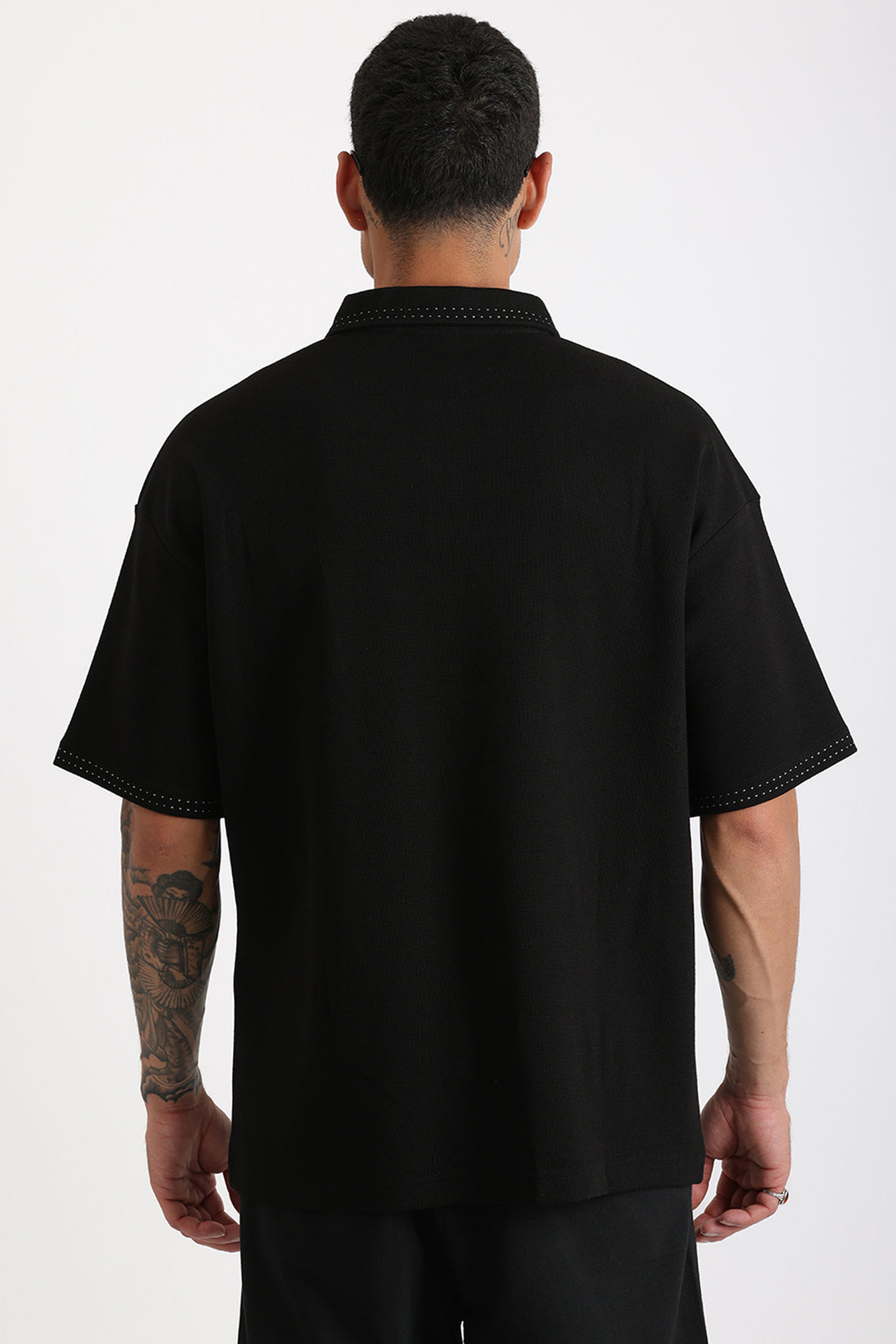 Yaka ve Kol Dikiş Detaylı Double Pike Kumaş Loose Fit Erkek Polo Yaka Tişört