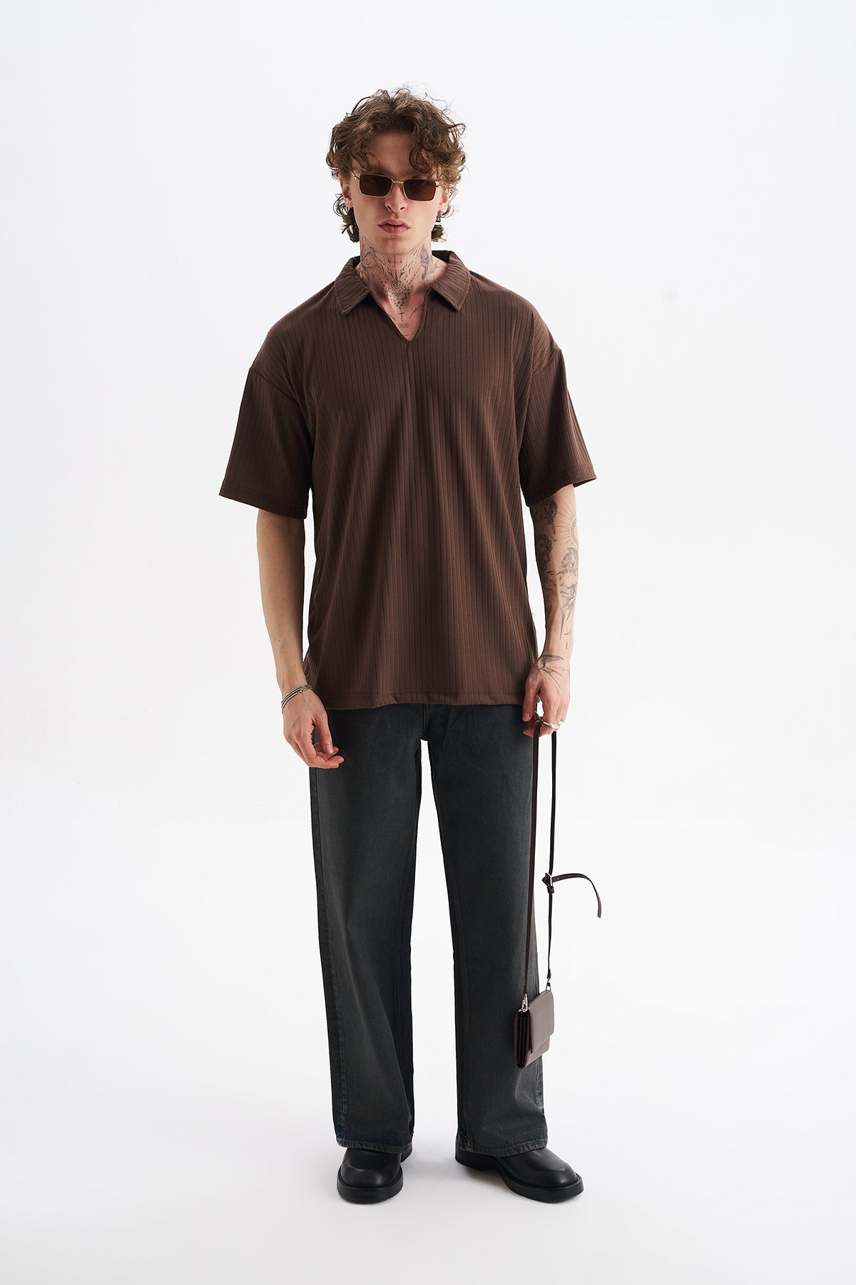 Kalın Örgülü Fitilli Kumaş, Erkek Armut Polo Yaka Tişört, Men's Polo Neck T-Shirt | Renk: Kahverengi
