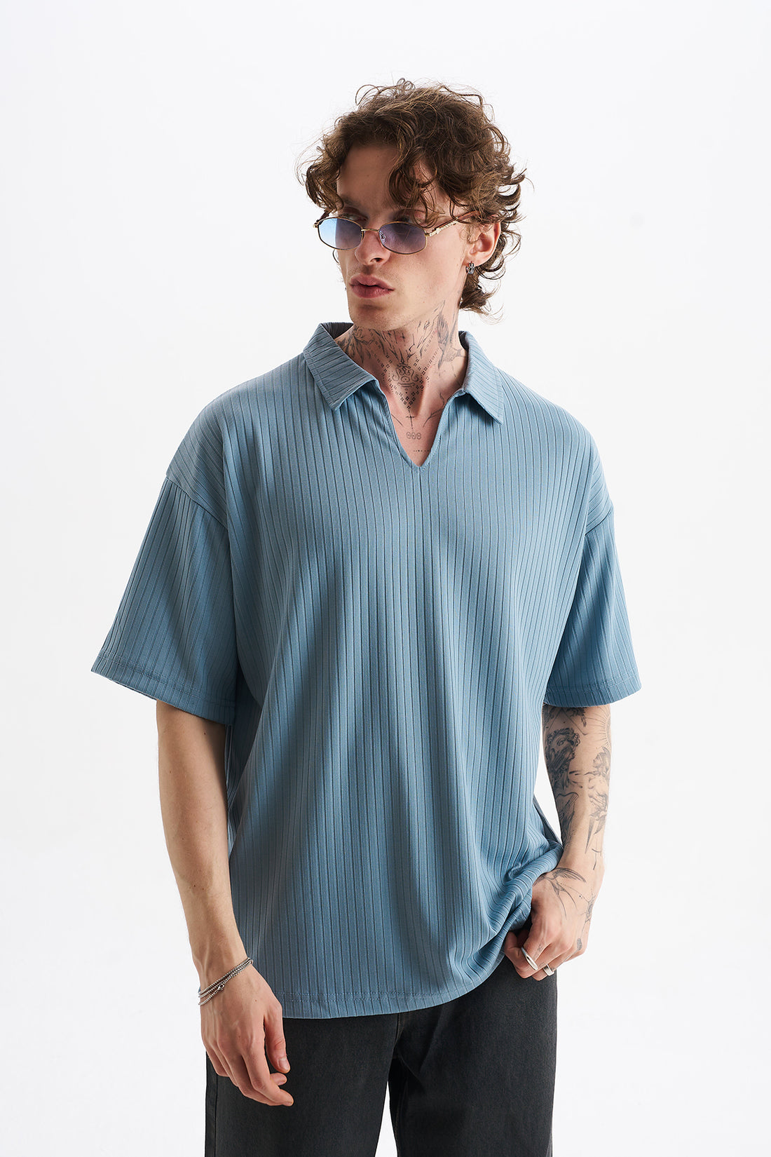 Kalın Örgülü Fitilli Kumaş, Erkek Armut Polo Yaka Tişört, Men's Polo Neck T-Shirt