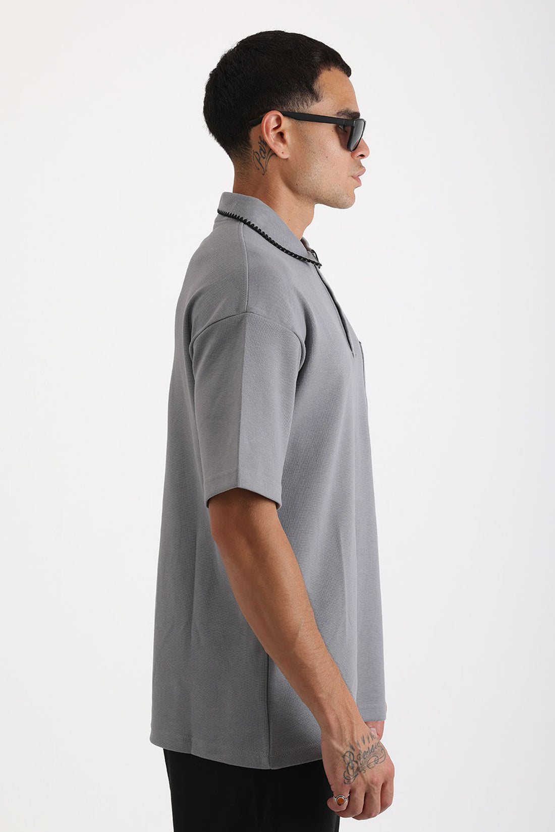 Yaka ve Cep Çoban Dikiş Detaylı Double Pike Kumaş Loose Fit Erkek Polo Yaka Tişört