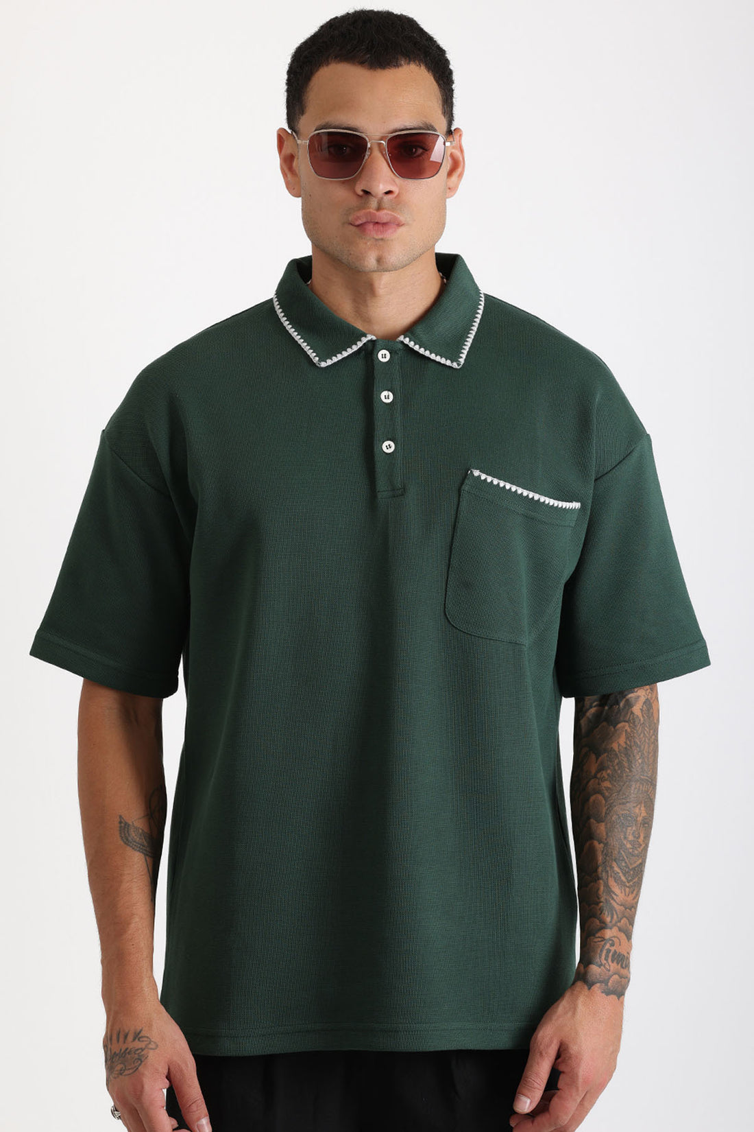 Yaka ve Cep Çoban Dikiş Detaylı Double Pike Kumaş Loose Fit Erkek Polo Yaka Tişört