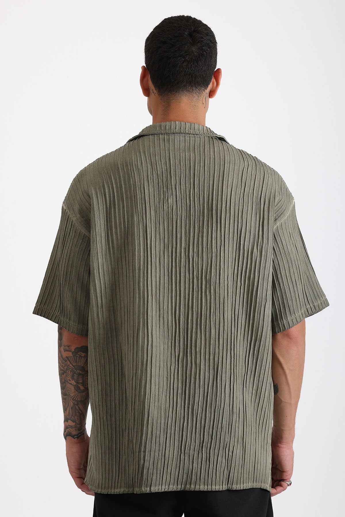 Eskitme Efektli Kalın Örgülü Fitilli Kumaş Apaş Yaka Erkek Kısa Kollu Gömlek | Renk: Haki