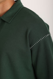 Omuz Çoban Dikiş Detaylı Double Pike Kumaş Loose Fit Erkek Polo Yaka Tişört | Renk: Nefti