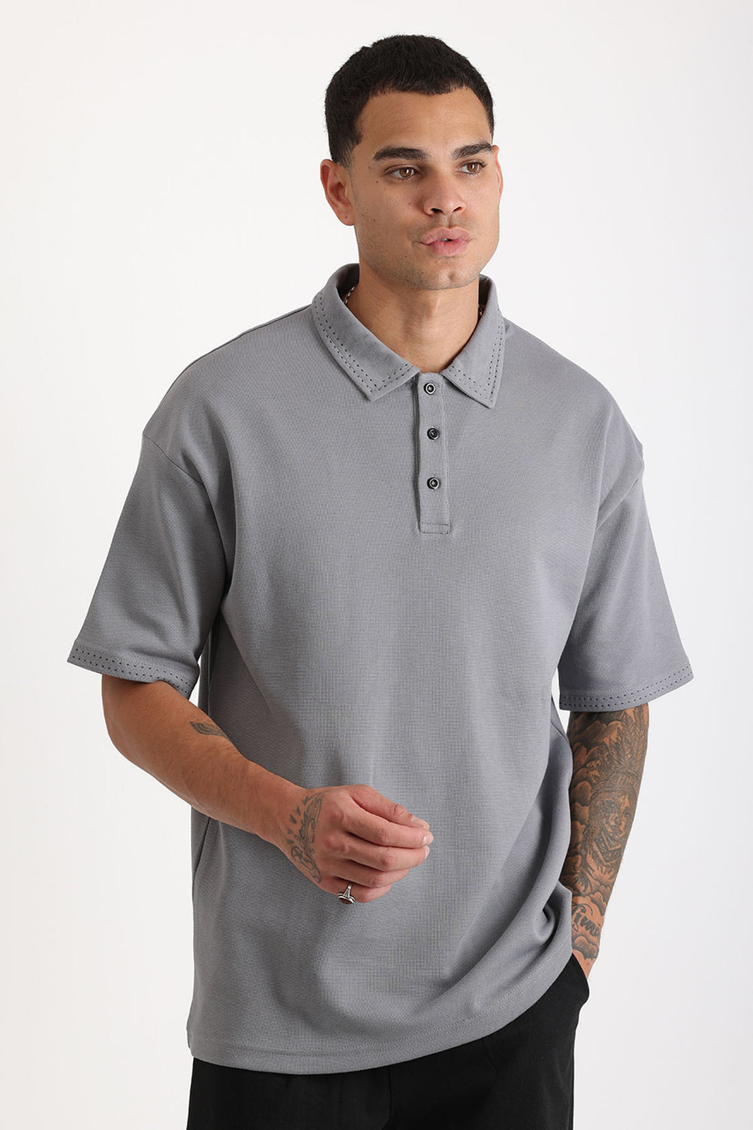 Yaka ve Kol Dikiş Detaylı Double Pike Kumaş Loose Fit Erkek Polo Yaka Tişört