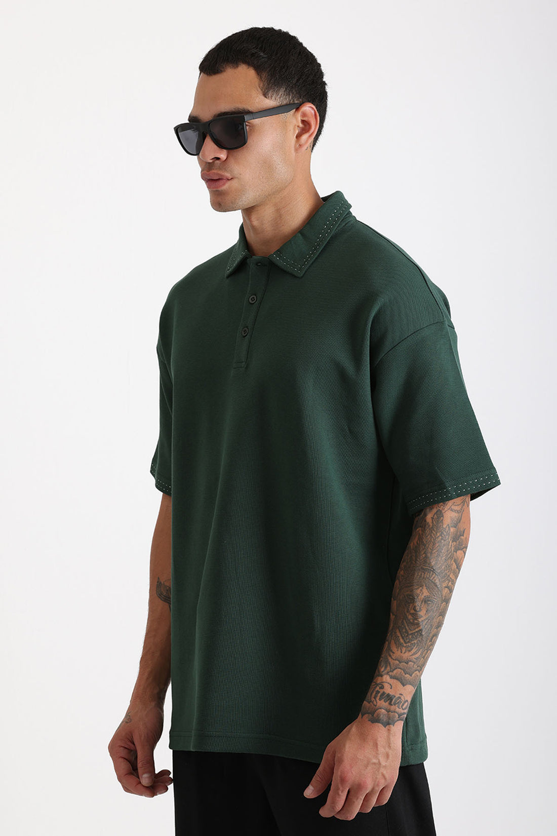 Yaka ve Kol Dikiş Detaylı Double Pike Kumaş Loose Fit Erkek Polo Yaka Tişört