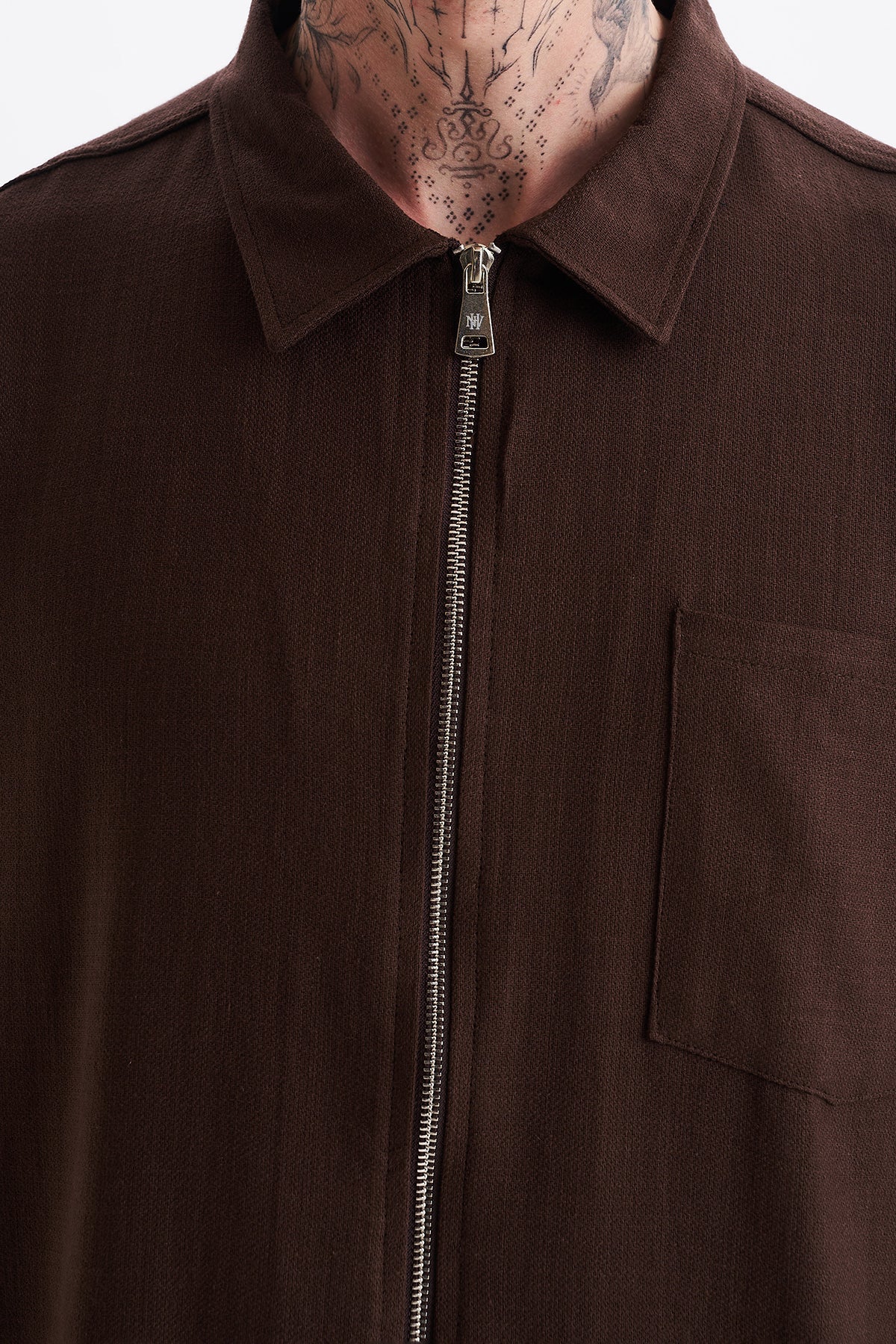 Keten Karışımlı, Rahat Kalıp, Düşük Omuz, Erkek Fermuar Kapamalı Sade Gömlek, Men's Plain Shirt | Renk: Kahverengi