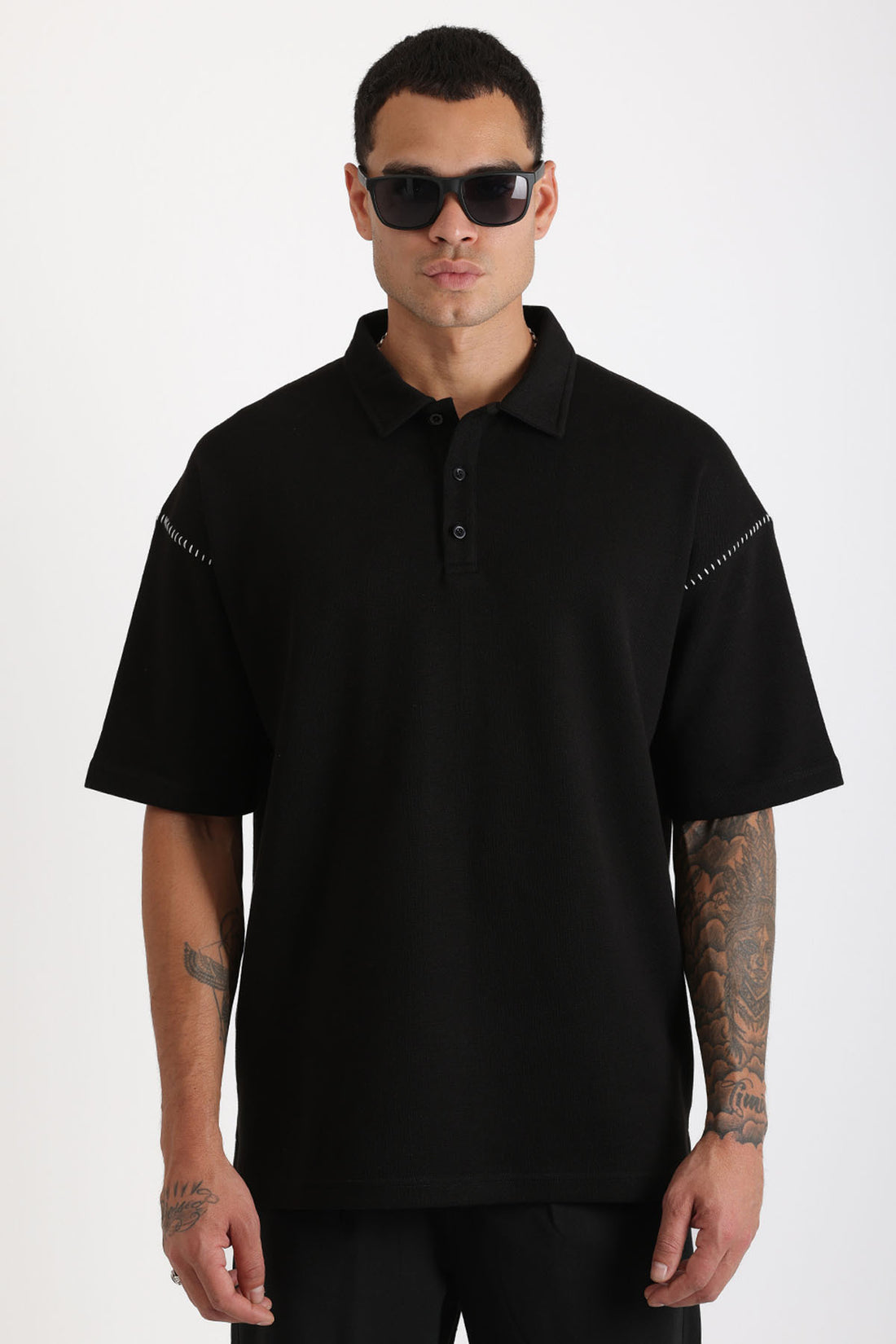 Omuz Çoban Dikiş Detaylı Double Pike Kumaş Loose Fit Erkek Polo Yaka Tişört