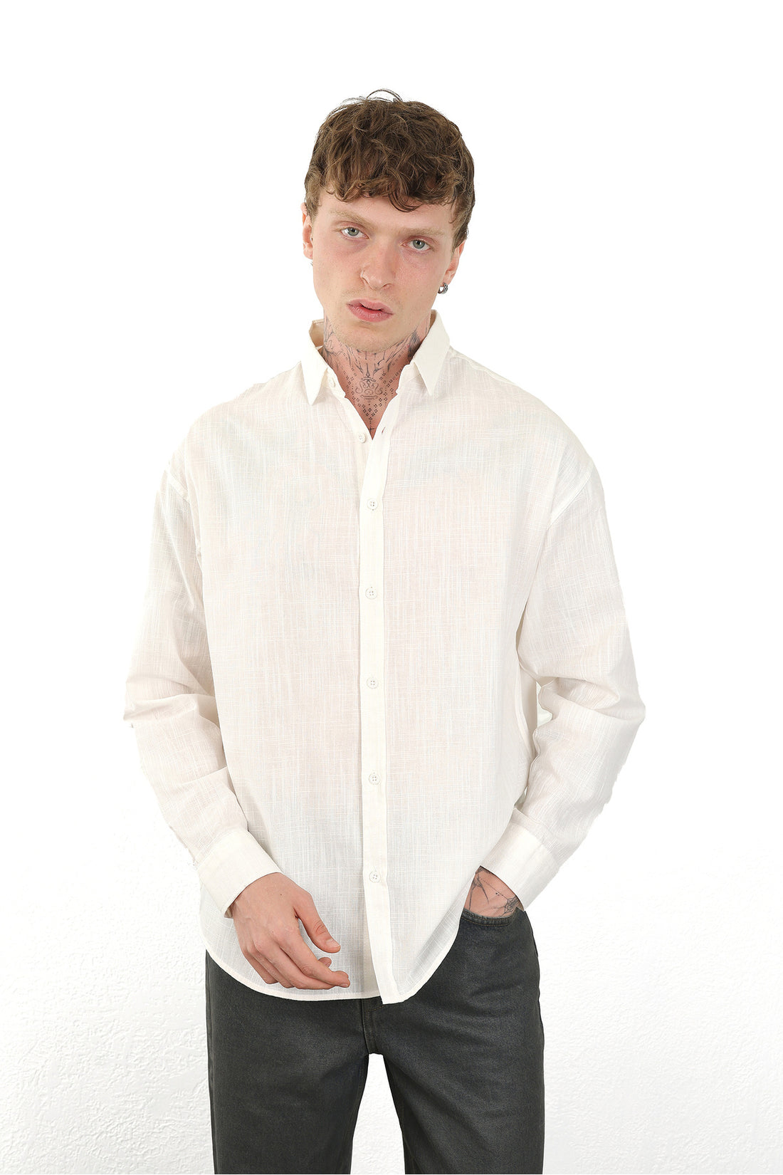 Keten Görünümlü %100 Pamuk Rahat Kalıp Düşük Omuz Erkek Sade Gömlek, Men's Plain Shirt
