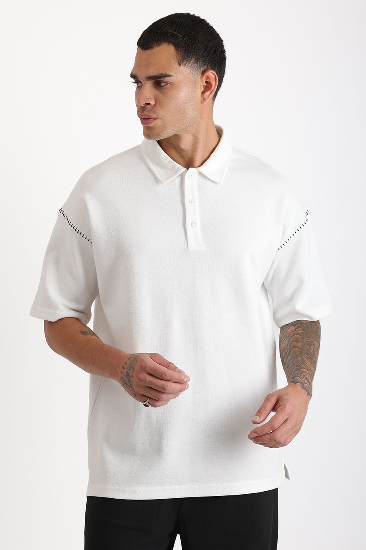 Omuz Çoban Dikiş Detaylı Double Pike Kumaş Loose Fit Erkek Polo Yaka Tişört | Renk: Ekru