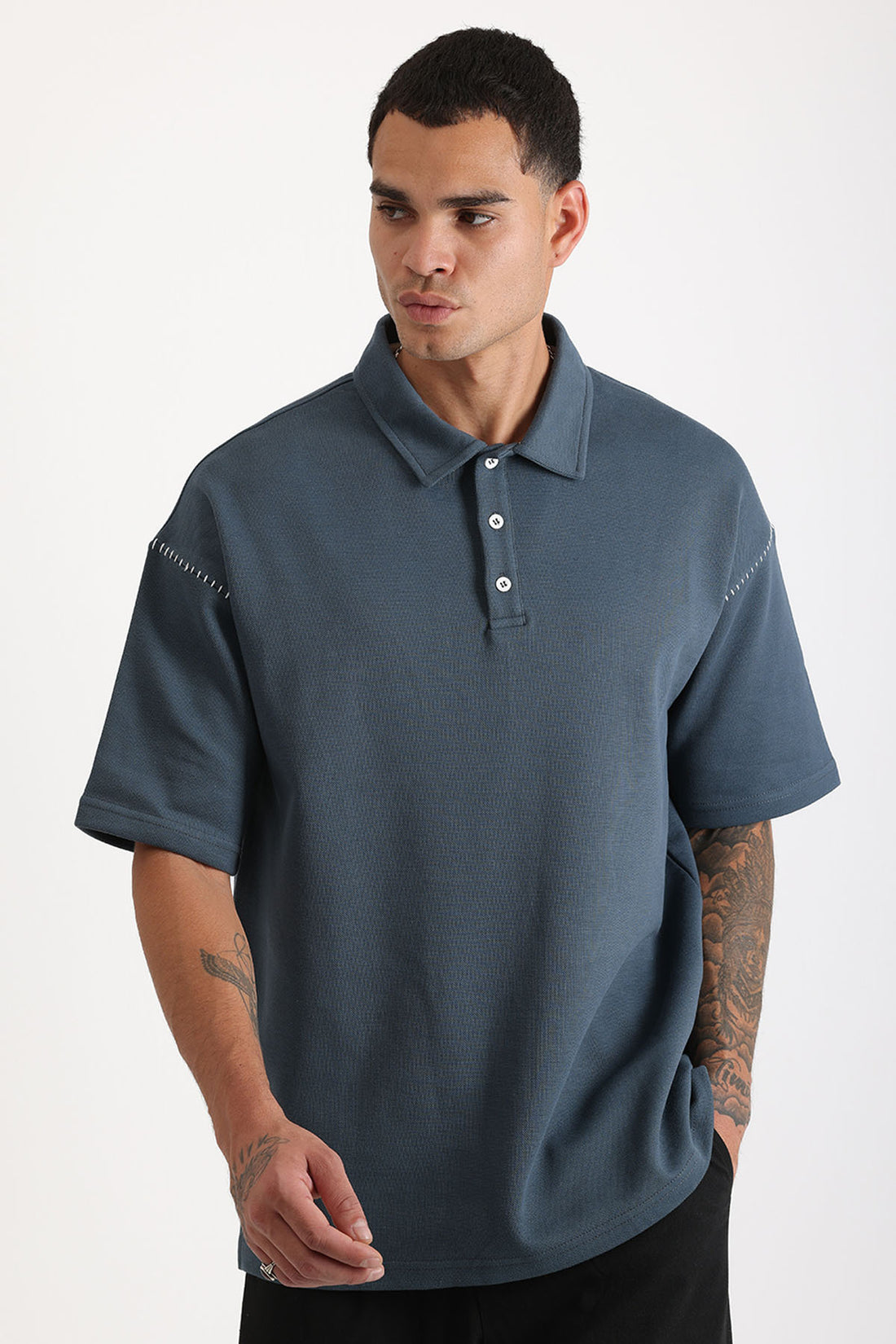 Omuz Çoban Dikiş Detaylı Double Pike Kumaş Loose Fit Erkek Polo Yaka Tişört