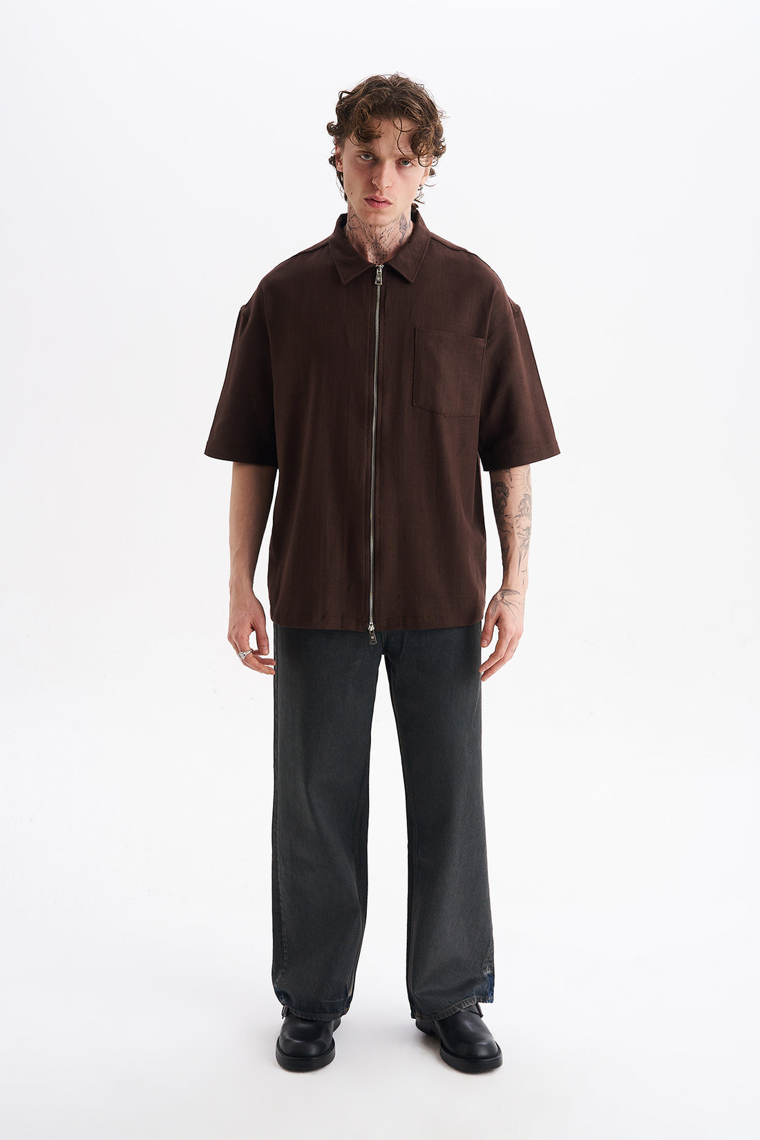 Keten Karışımlı, Rahat Kalıp, Düşük Omuz, Erkek Fermuar Kapamalı Sade Gömlek, Men's Plain Shirt