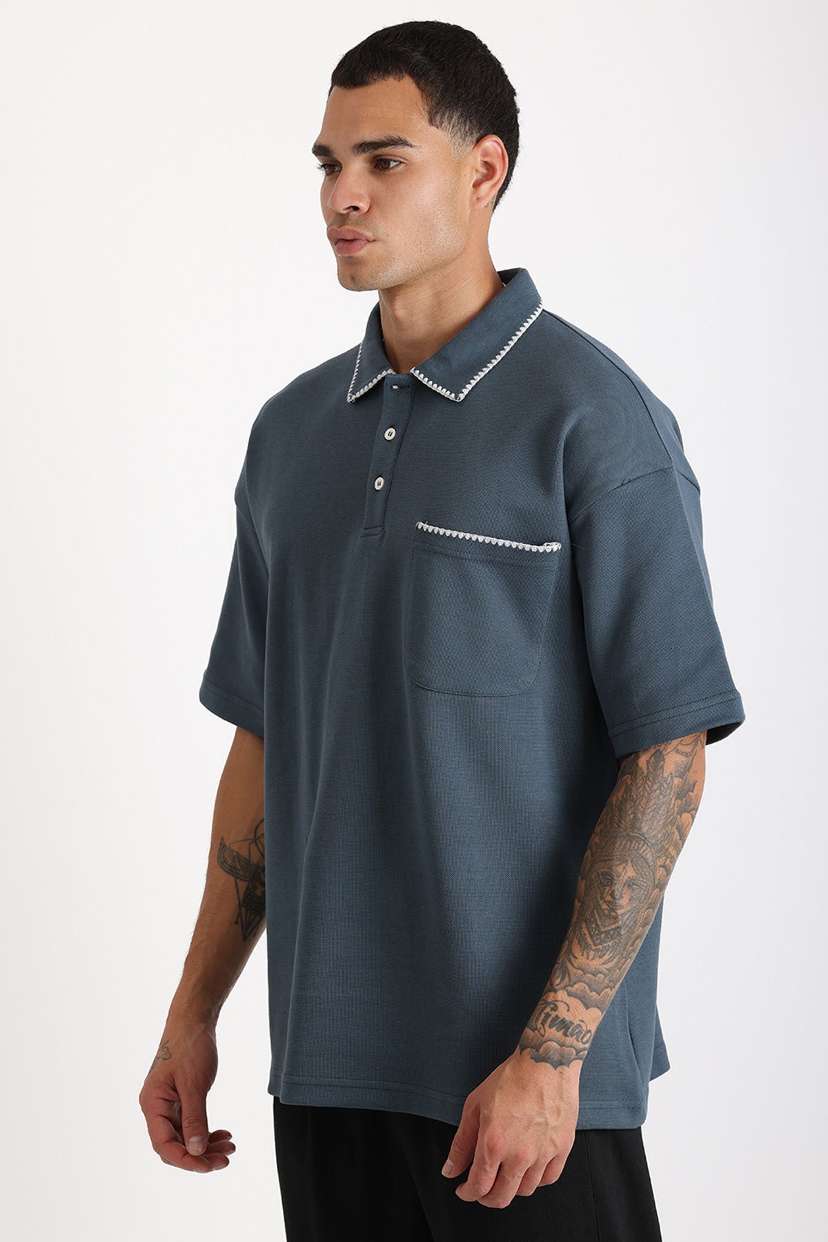 Yaka ve Cep Çoban Dikiş Detaylı Double Pike Kumaş Loose Fit Erkek Polo Yaka Tişört | Renk: Petrol