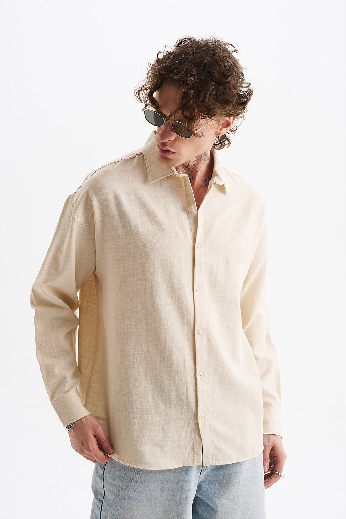 Keten Karışımlı %100 Pamuk Rahat Kalıp Düşük Omuz Erkek Sade Gömlek, Men's Plain Shirt