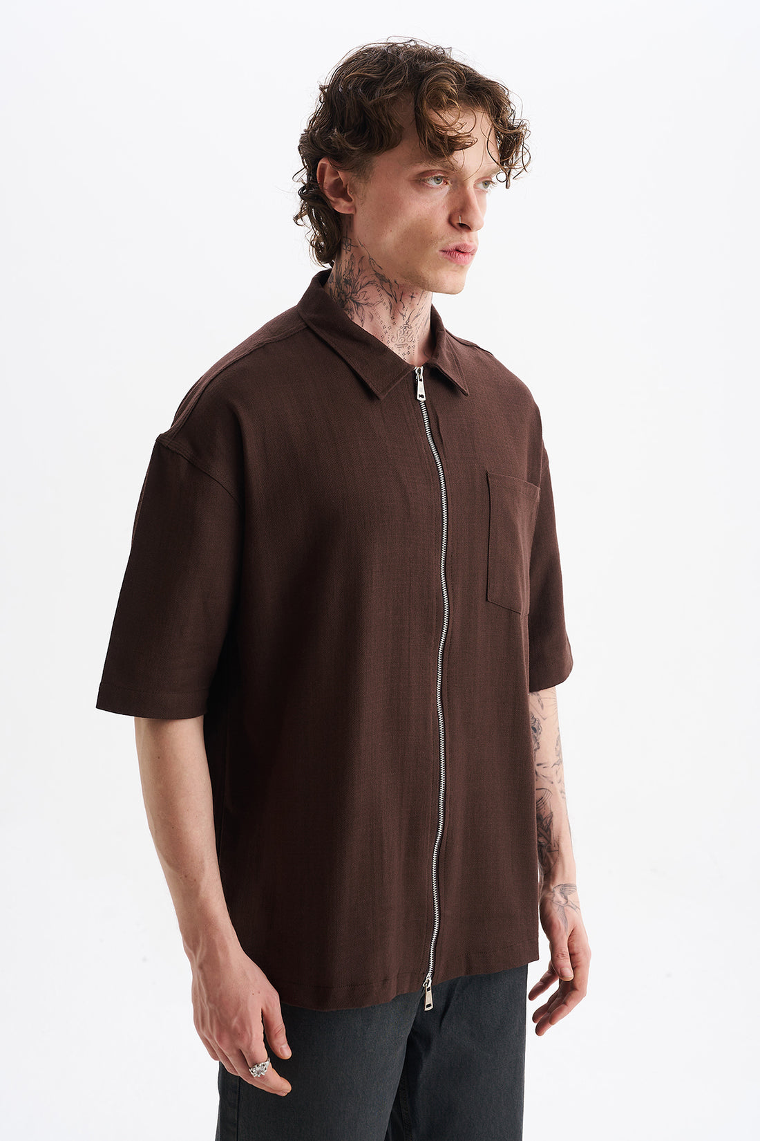 Keten Karışımlı, Rahat Kalıp, Düşük Omuz, Erkek Fermuar Kapamalı Sade Gömlek, Men's Plain Shirt