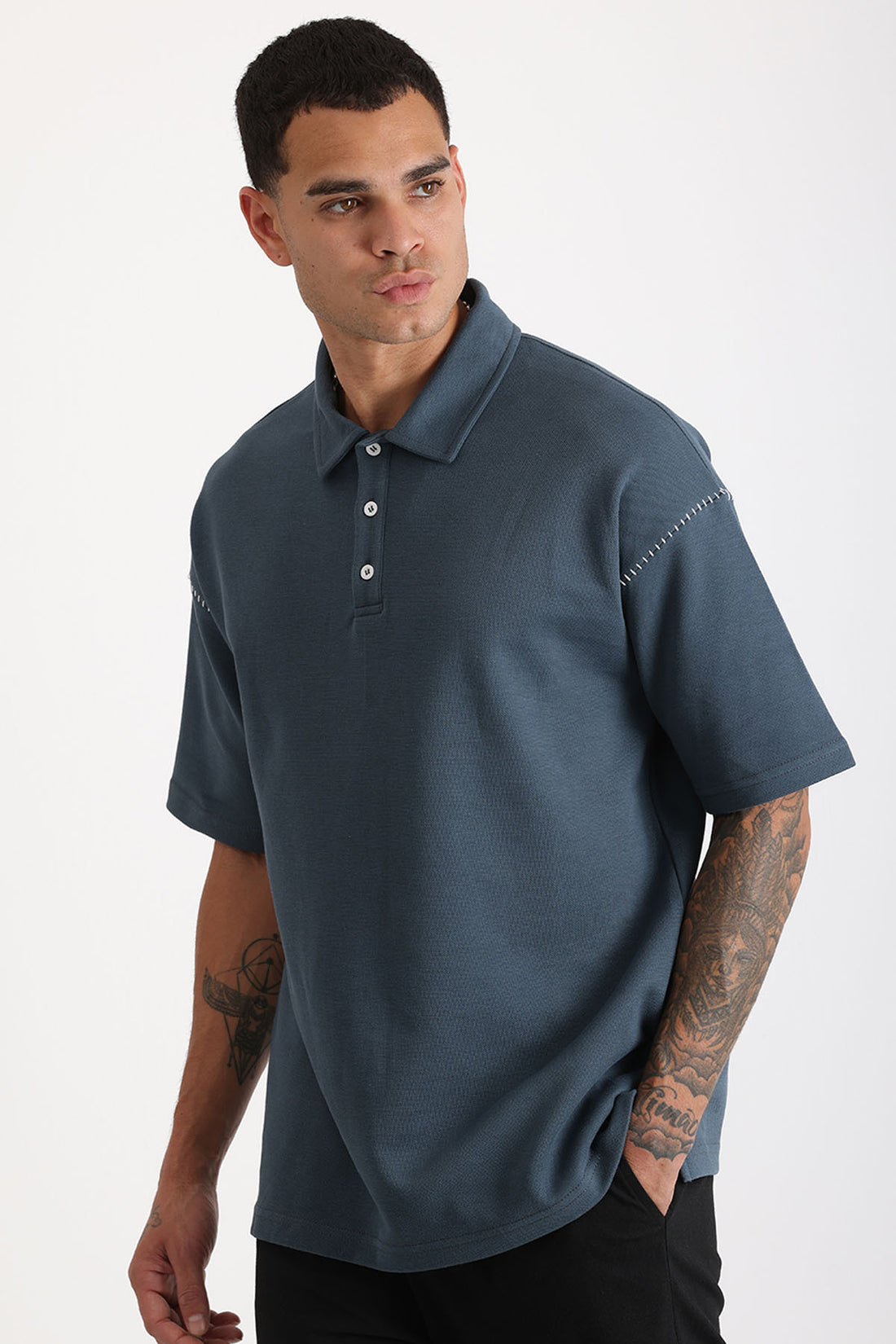 Omuz Çoban Dikiş Detaylı Double Pike Kumaş Loose Fit Erkek Polo Yaka Tişört