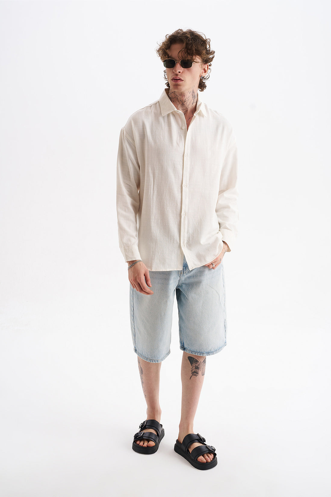 Keten Karışımlı %100 Pamuk Rahat Kalıp Düşük Omuz Erkek Sade Gömlek, Men's Plain Shirt