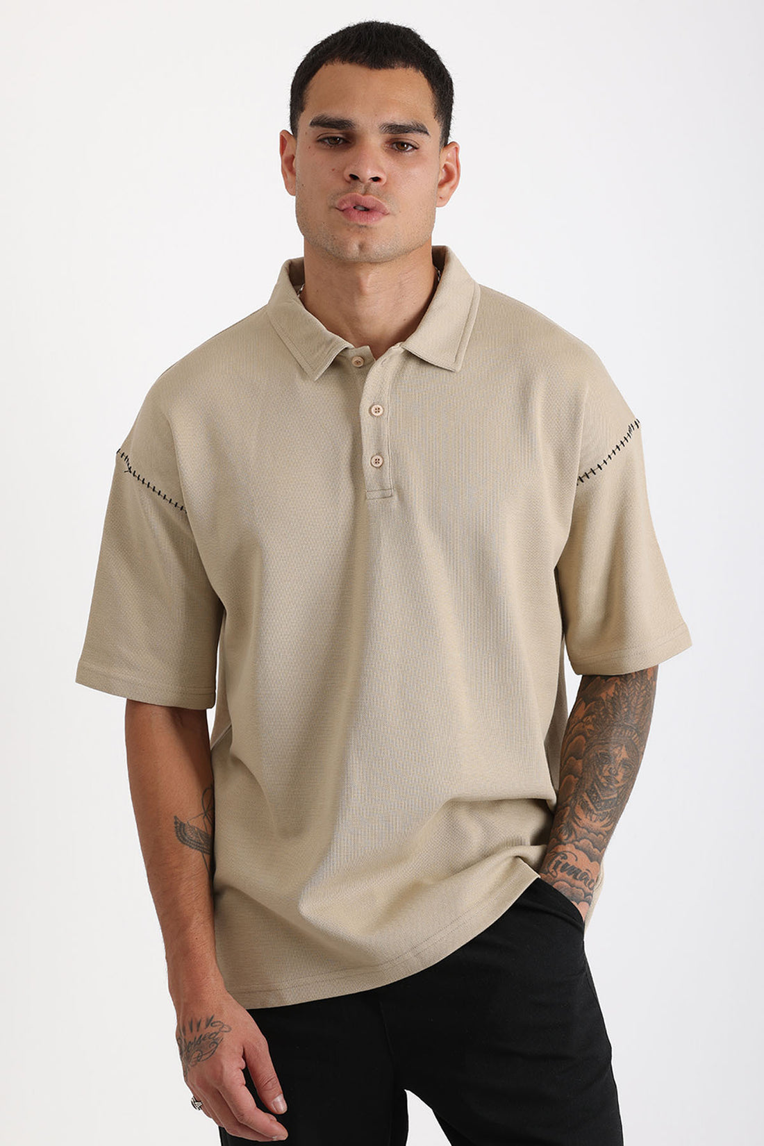 Omuz Çoban Dikiş Detaylı Double Pike Kumaş Loose Fit Erkek Polo Yaka Tişört
