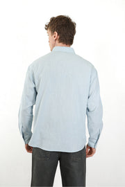 Keten Görünümlü %100 Pamuk Rahat Kalıp Düşük Omuz Erkek Sade Gömlek, Men's Plain Shirt | Renk: Mavi