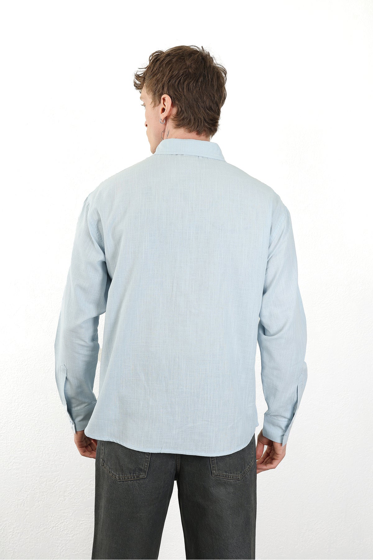 Keten Görünümlü %100 Pamuk Rahat Kalıp Düşük Omuz Erkek Sade Gömlek, Men's Plain Shirt | Renk: Mavi