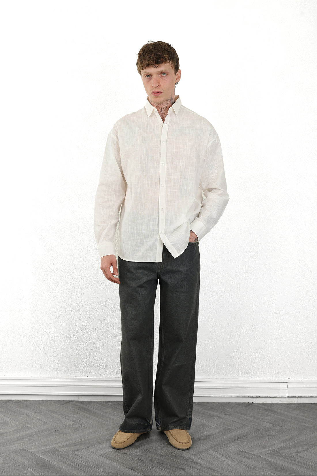 Keten Görünümlü %100 Pamuk Rahat Kalıp Düşük Omuz Erkek Sade Gömlek, Men's Plain Shirt