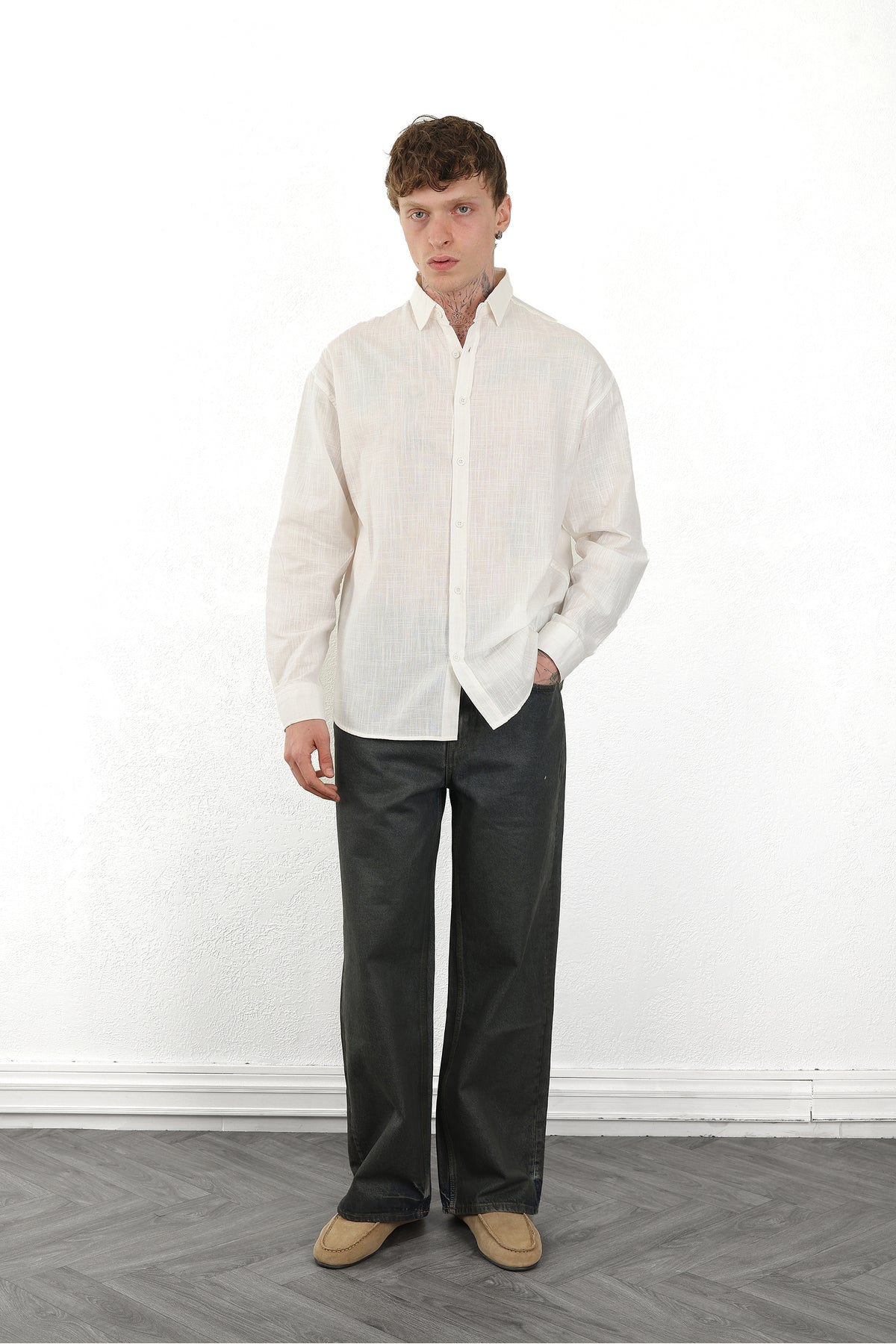 Keten Görünümlü %100 Pamuk Rahat Kalıp Düşük Omuz Erkek Sade Gömlek, Men's Plain Shirt | Renk: Ekru