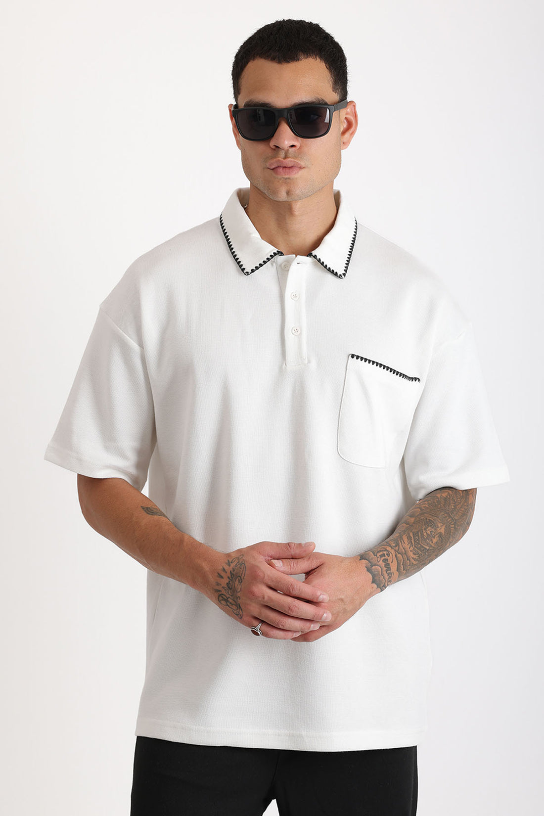 Yaka ve Cep Çoban Dikiş Detaylı Double Pike Kumaş Loose Fit Erkek Polo Yaka Tişört