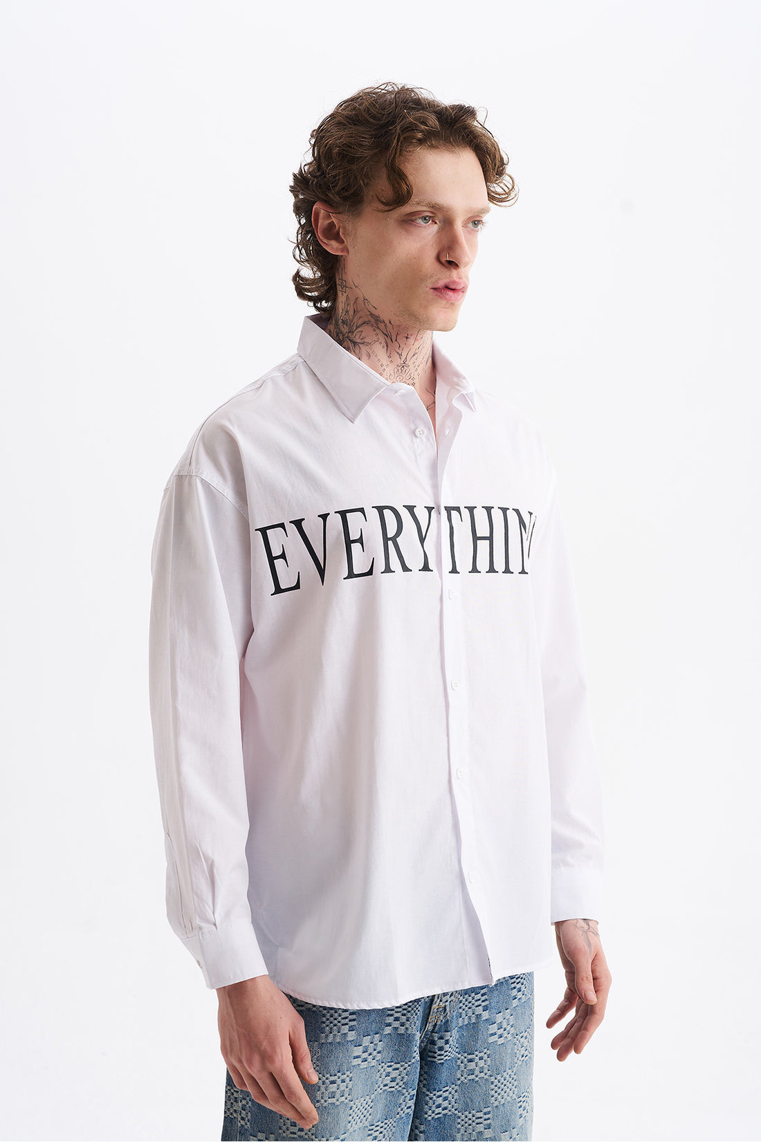 Poplin Kumaş, Rahat Kalıp Düşük Omuz, Erkek EVERYTHING Baskılı Gömlek, Men's Shirt