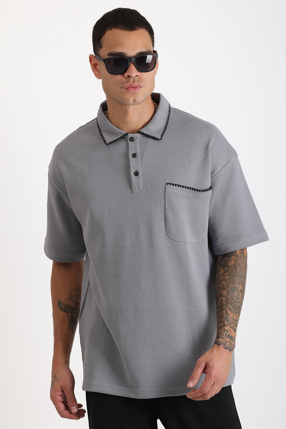 Yaka ve Cep Çoban Dikiş Detaylı Double Pike Kumaş Loose Fit Erkek Polo Yaka Tişört