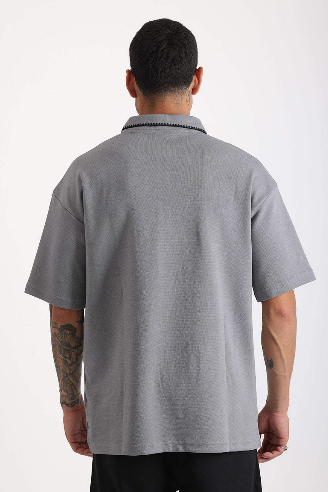 Yaka ve Cep Çoban Dikiş Detaylı Double Pike Kumaş Loose Fit Erkek Polo Yaka Tişört