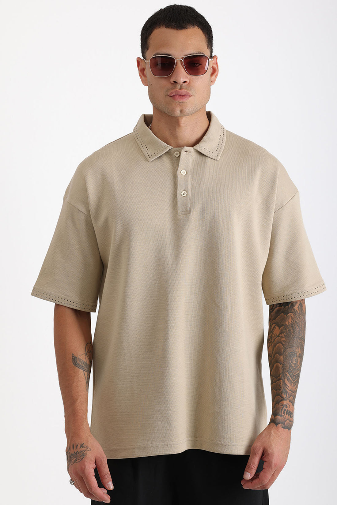 Yaka ve Kol Dikiş Detaylı Double Pike Kumaş Loose Fit Erkek Polo Yaka Tişört