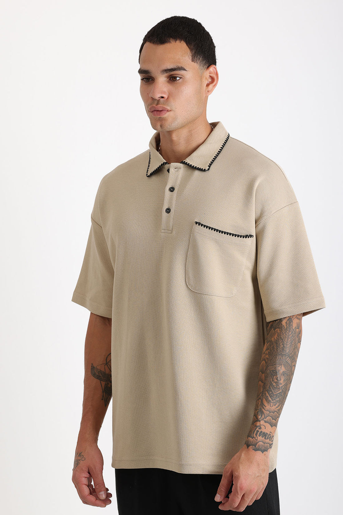 Yaka ve Cep Çoban Dikiş Detaylı Double Pike Kumaş Loose Fit Erkek Polo Yaka Tişört
