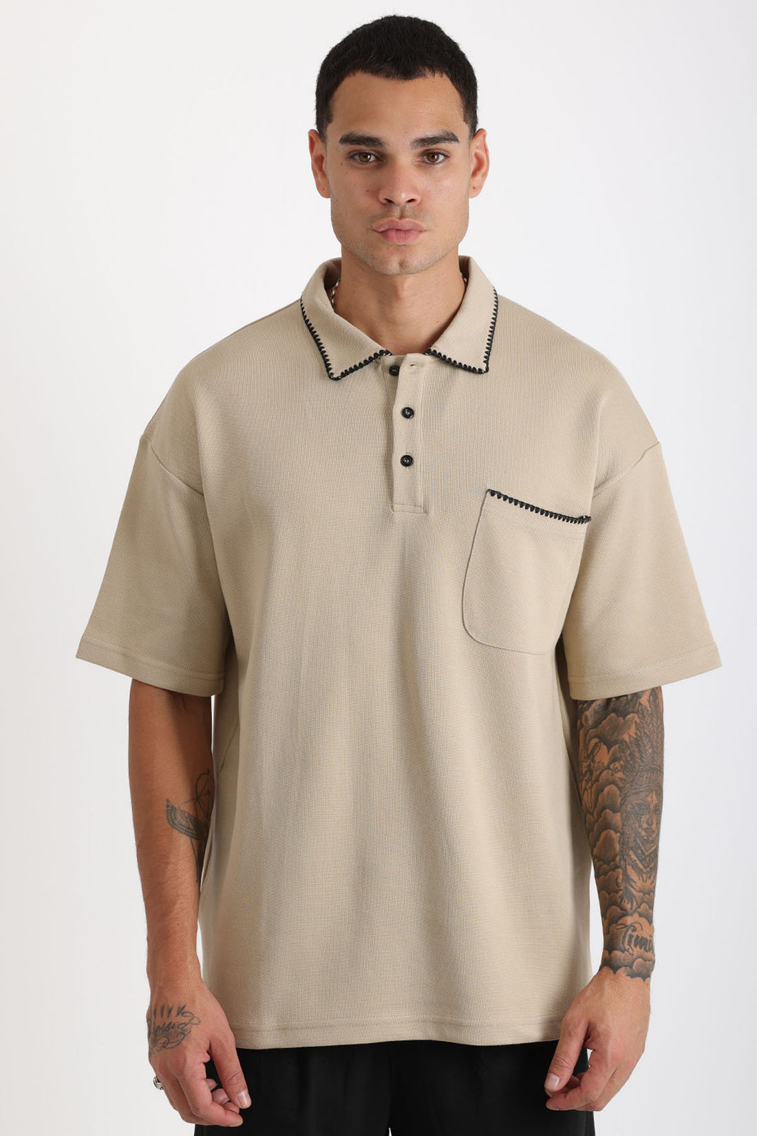 Yaka ve Cep Çoban Dikiş Detaylı Double Pike Kumaş Loose Fit Erkek Polo Yaka Tişört