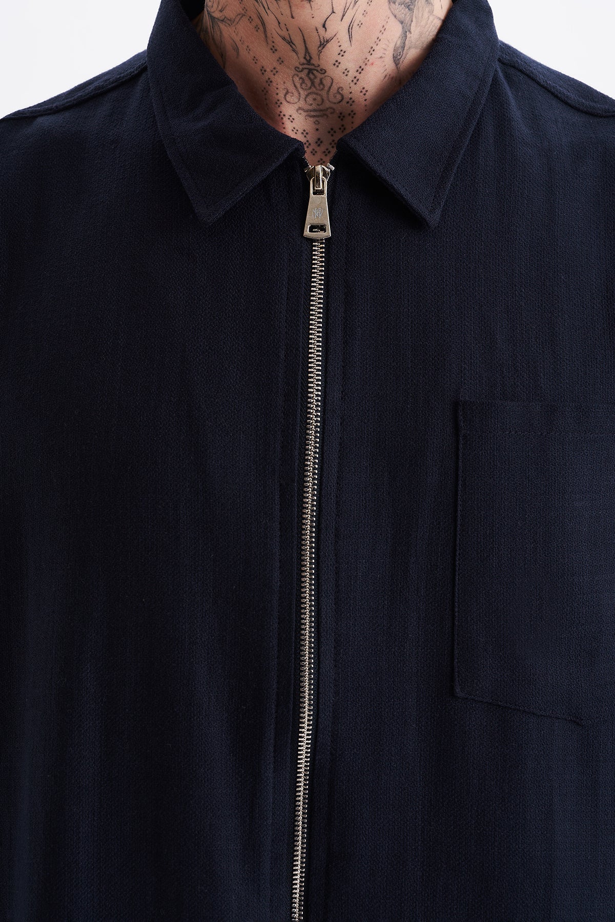 Keten Karışımlı, Rahat Kalıp, Düşük Omuz, Erkek Fermuar Kapamalı Sade Gömlek, Men's Plain Shirt | Renk: Lacivert