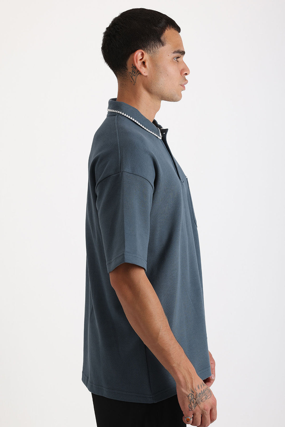 Yaka ve Cep Çoban Dikiş Detaylı Double Pike Kumaş Loose Fit Erkek Polo Yaka Tişört