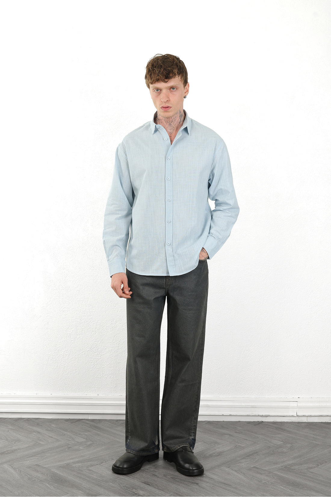 Keten Görünümlü %100 Pamuk Rahat Kalıp Düşük Omuz Erkek Sade Gömlek, Men's Plain Shirt