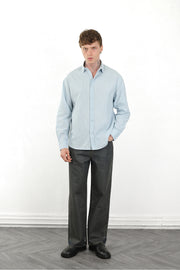 Keten Görünümlü %100 Pamuk Rahat Kalıp Düşük Omuz Erkek Sade Gömlek, Men's Plain Shirt | Renk: Mavi