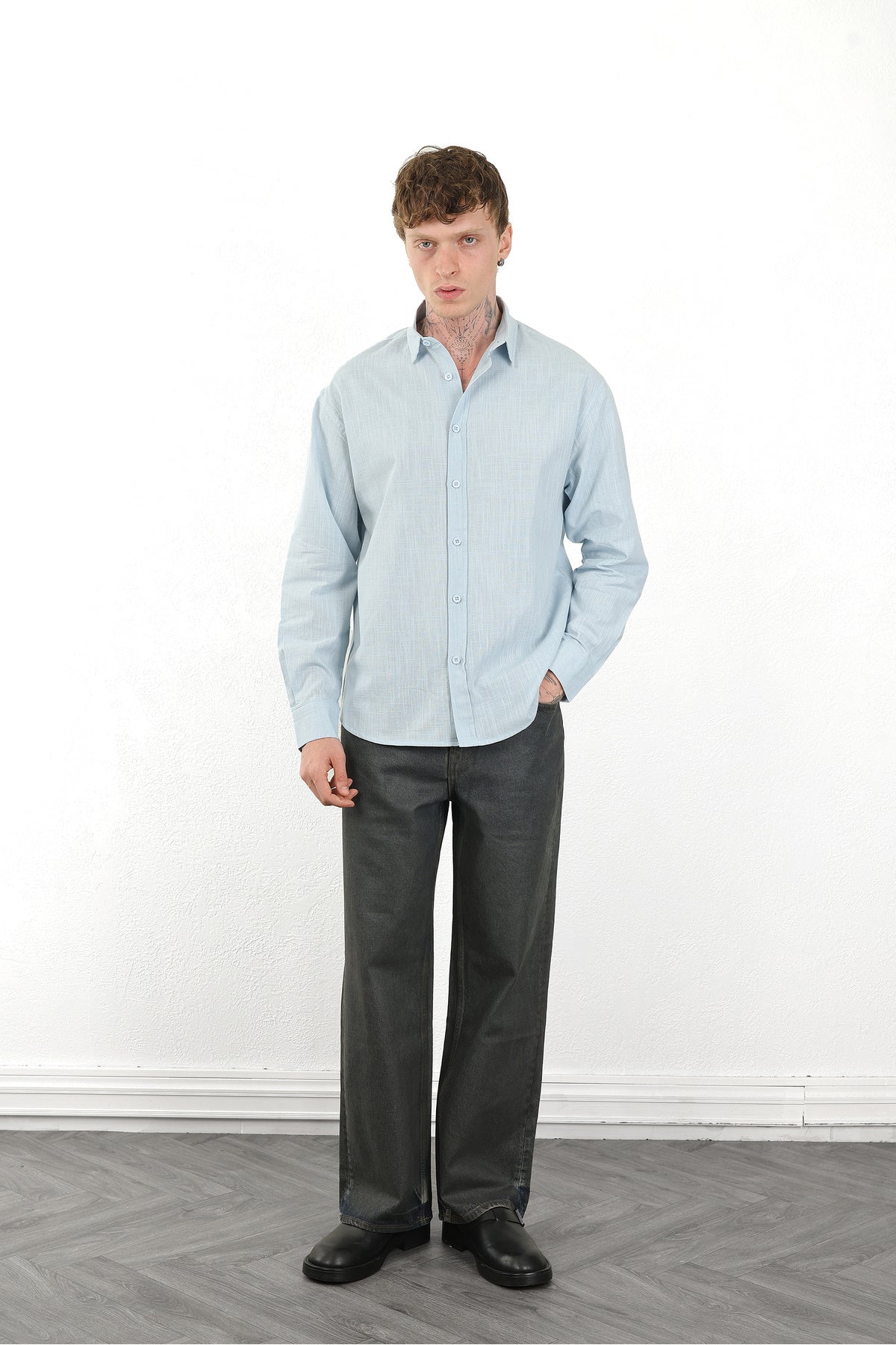 Keten Görünümlü %100 Pamuk Rahat Kalıp Düşük Omuz Erkek Sade Gömlek, Men's Plain Shirt | Renk: Mavi