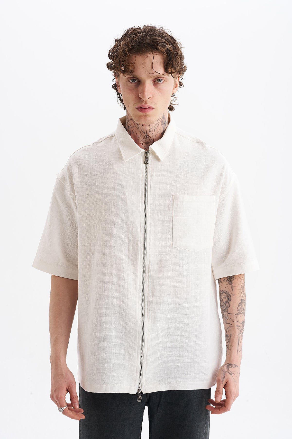 Keten Karışımlı, Rahat Kalıp, Düşük Omuz, Erkek Fermuar Kapamalı Sade Gömlek, Men's Plain Shirt | Renk: Ekru