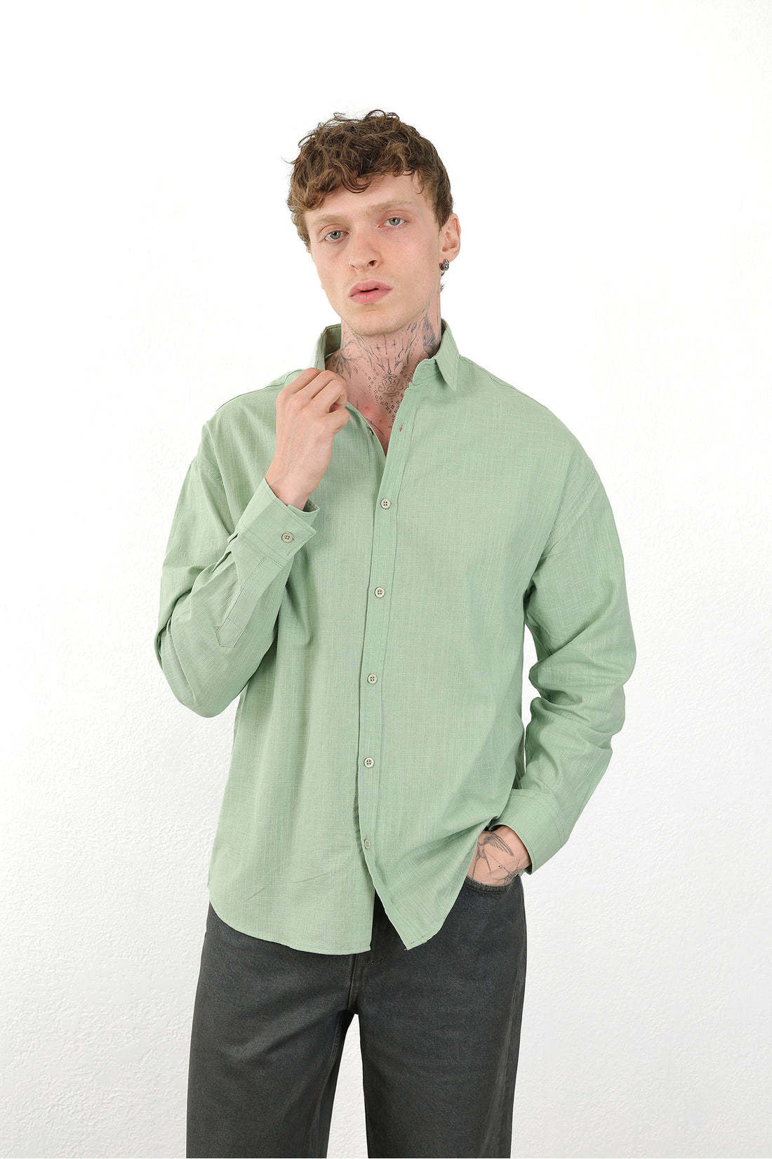 Keten Görünümlü %100 Pamuk Rahat Kalıp Düşük Omuz Erkek Sade Gömlek, Men's Plain Shirt