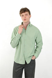 Keten Görünümlü %100 Pamuk Rahat Kalıp Düşük Omuz Erkek Sade Gömlek, Men's Plain Shirt | Renk: Haki